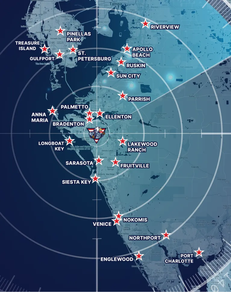 Map showing locations in Southwest Florida marked with red stars, including cities like St. Petersburg, Bradenton, Sarasota, Venice, and Port Charlotte.