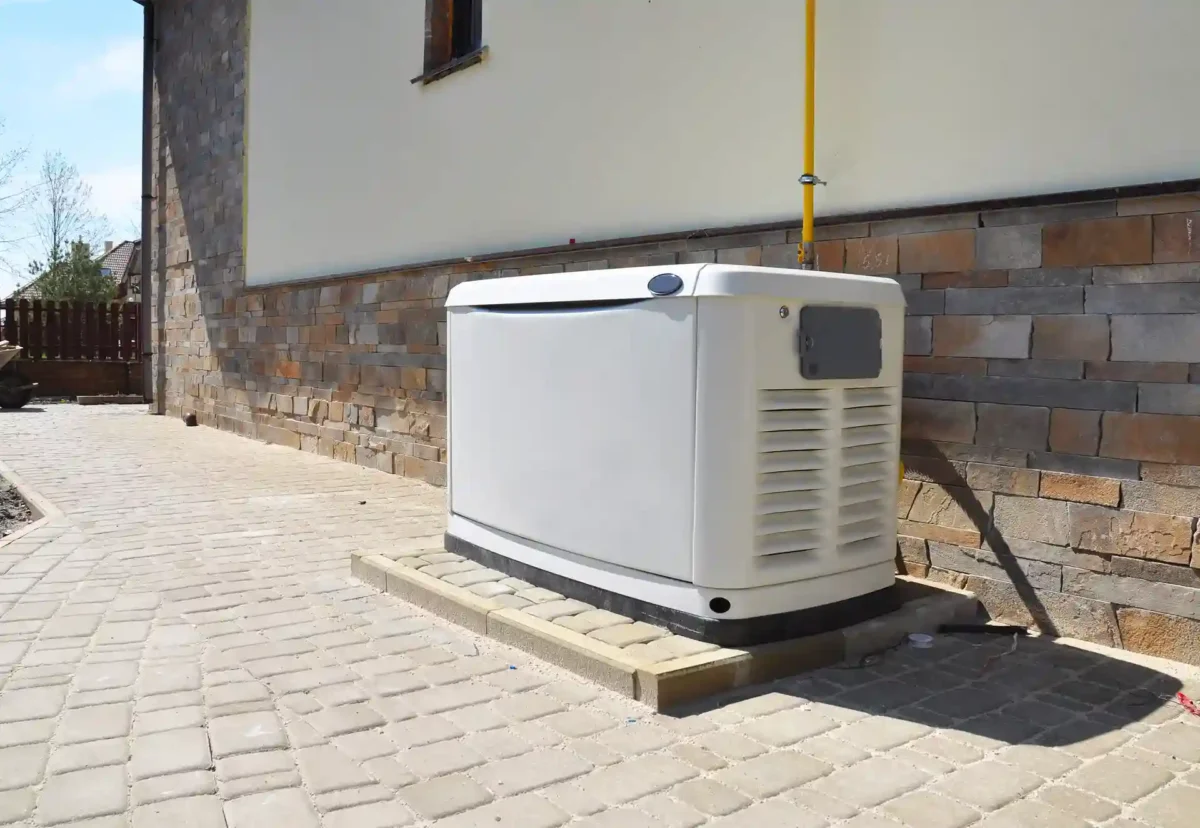 A white power generator is installed outside a building on a paved area, adjacent to a brick wall.