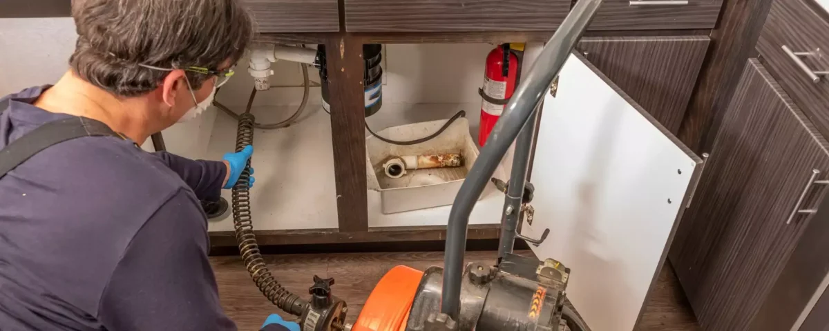 A person uses a plumbing snake to unclog a pipe under a kitchen sink. A fire extinguisher and a cleaning product are visible inside the open cabinet.