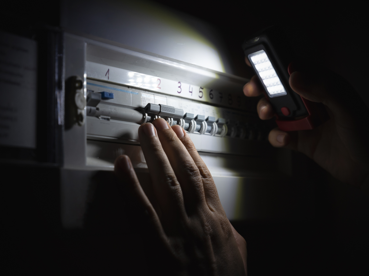 Hand holding a flashlight to illuminate a darkened electrical panel, focusing on adjusting circuit breakers.