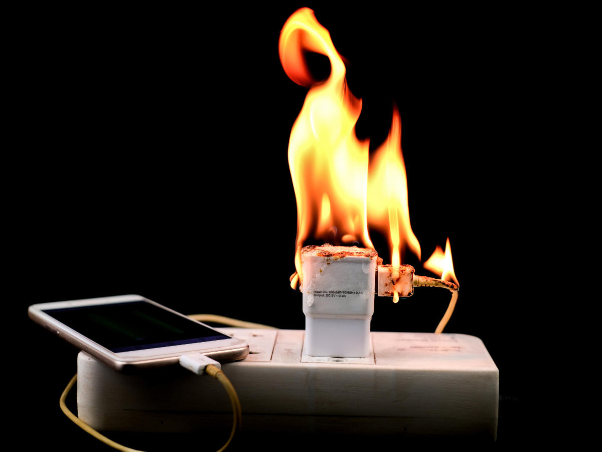 A smartphone charger plugged into an outlet is on fire against a black background.