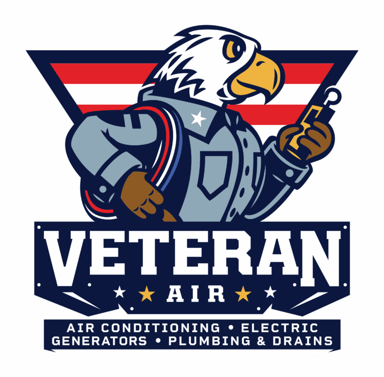 Logo featuring an eagle in a uniform holding a wrench, with “Veteran Air” and services listed: air conditioning, electric, generators, plumbing & drains. American flag background.