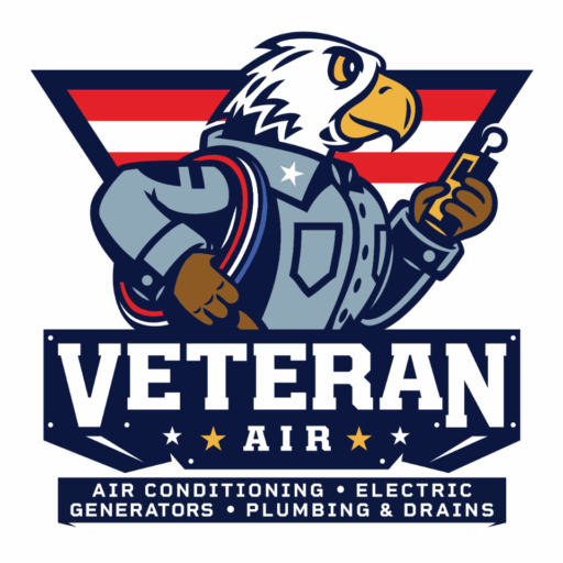 Logo featuring an eagle in a uniform holding a tool, with "Veteran Air" and services listed: air conditioning, electric, generators, plumbing & drains. Stars and stripes in the background.