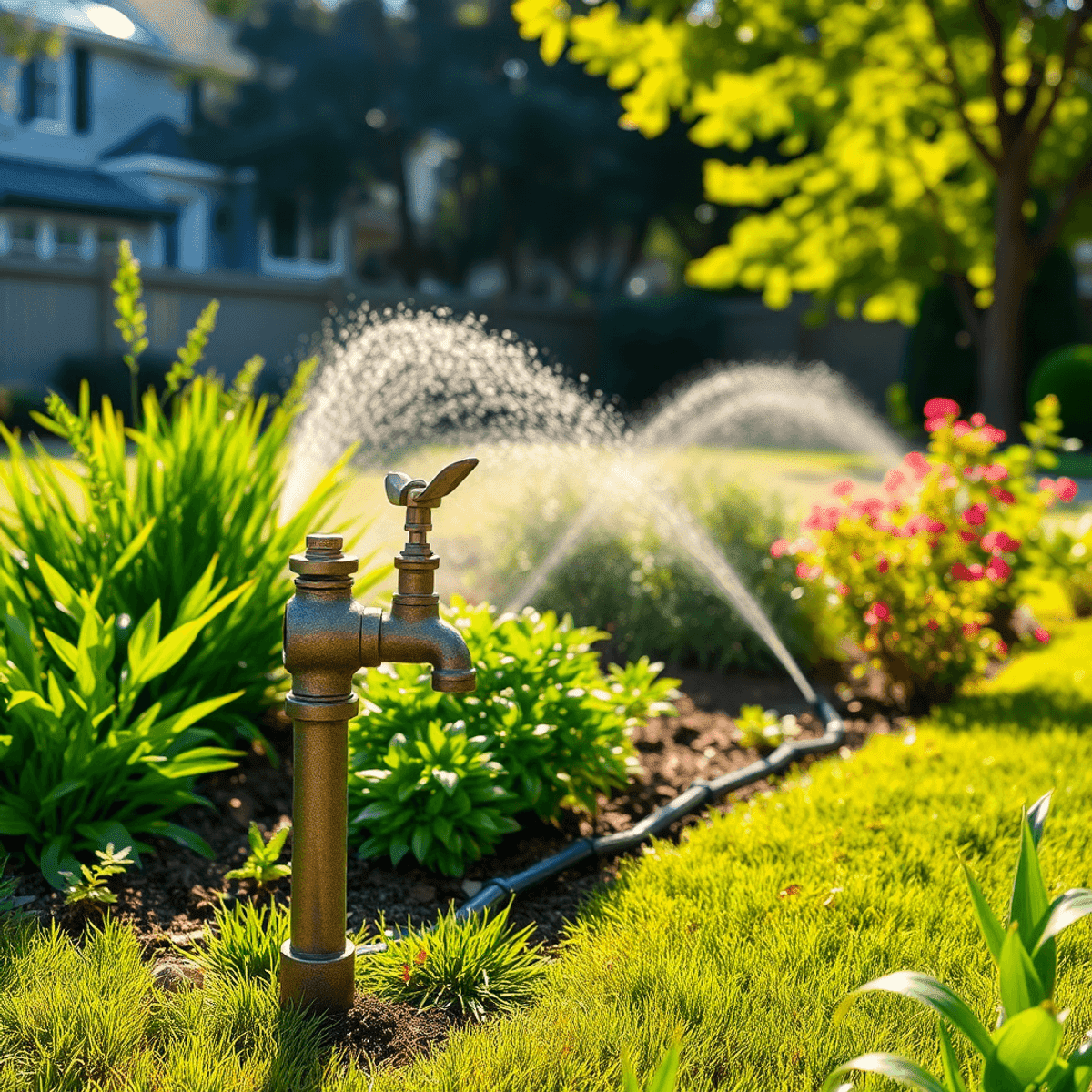 A garden tap and sprinkler system watering a landscaped yard with green grass, shrubs, and flowers on a sunny day.