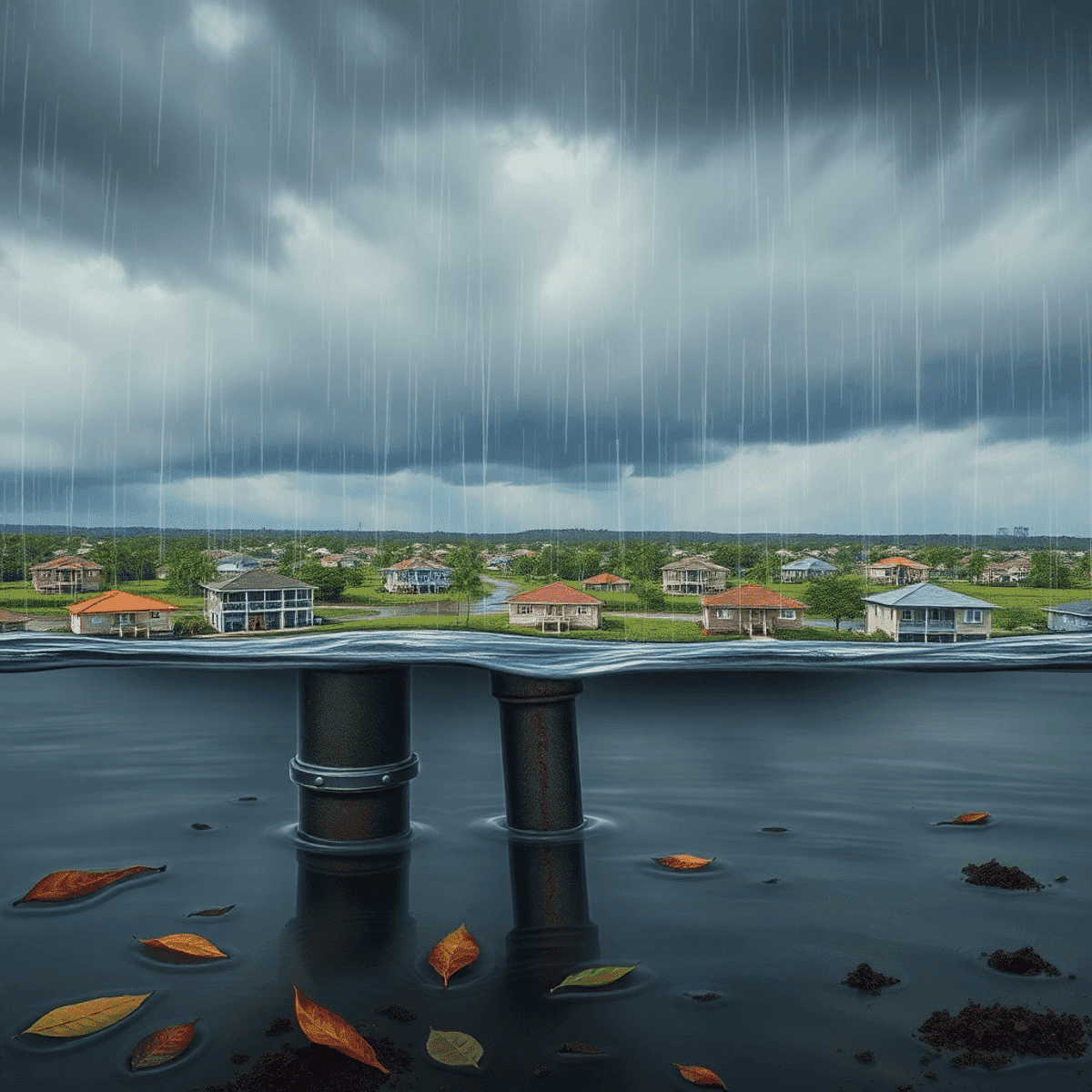 Rain pours over suburban houses as water collects on a flat rooftop with leaves and two drain pipes visible in the foreground.