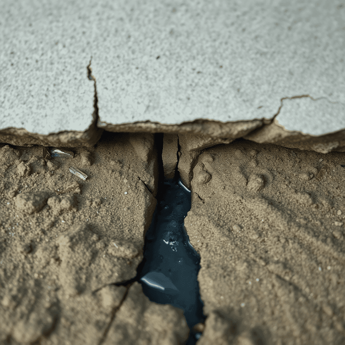 A close-up of cracked concrete and soil with a dark liquid seeping through the gap.