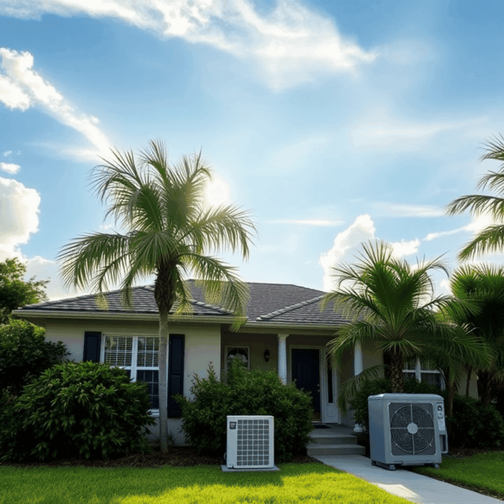 A single-story house with palm trees and bushes in the front yard, two outdoor air conditioning units on the lawn, and a bright, partly cloudy sky overhead.