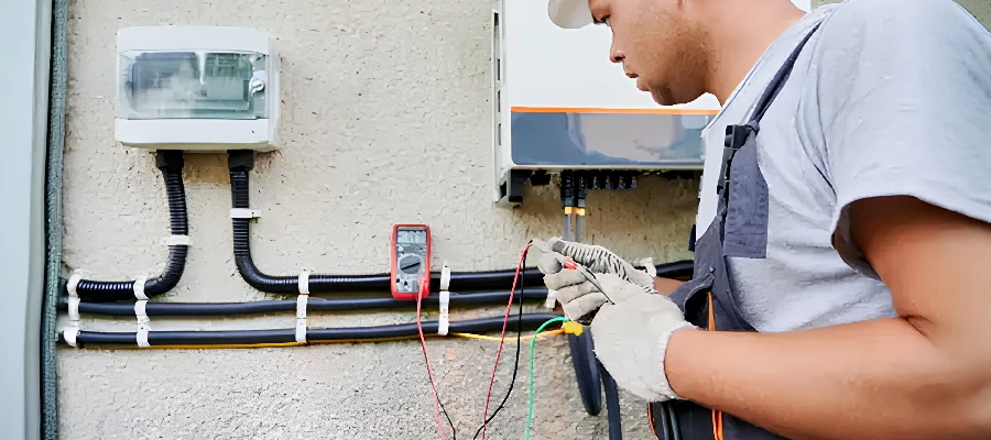 A worker uses a multimeter to test electrical wiring connected to control panels mounted on an exterior wall.
