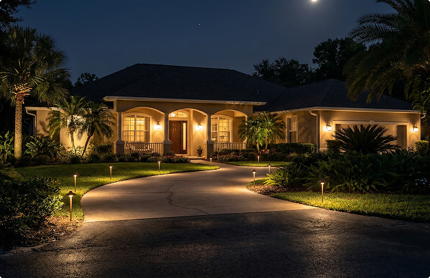 Sarasota Florida Home With Professional Outdoor Landscape Lighting At Night