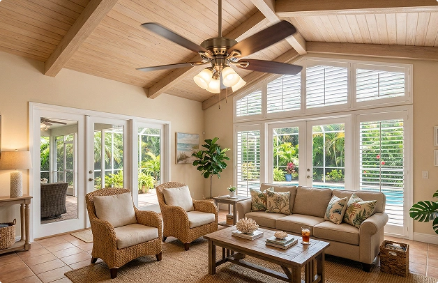 Bright Sarasota Florida Living Room With Ceiling Fan And Pool View