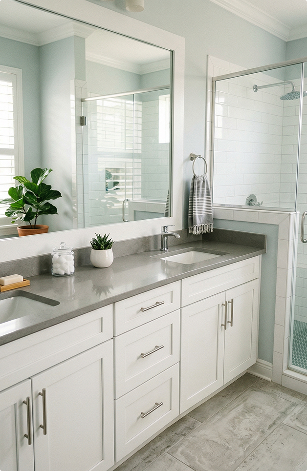 Modern White Bathroom Vanity With Double Sink In Sarasota Florida Home