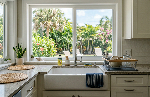 Farmhouse Kitchen Sink With Garden View In Sarasota Florida Home
