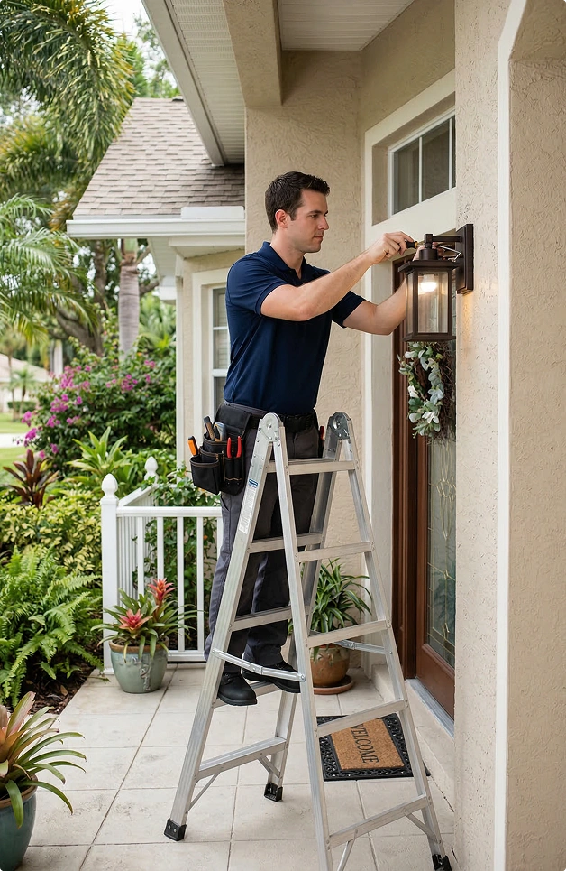 Veteran Air Technician Installing Outdoor Wall Light At Sarasota Home Entrance