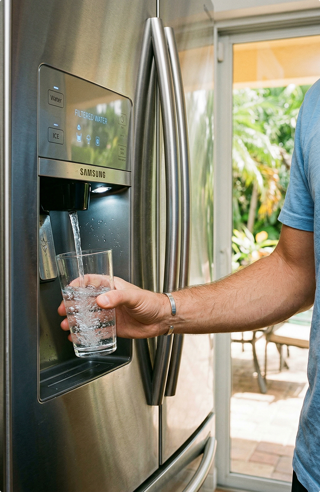 Sarasota Homeowner Filling Glass From Refrigerator Filtered Water Dispenser