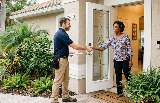 Veteran Air Technician Greeting Sarasota Homeowner At Front Door
