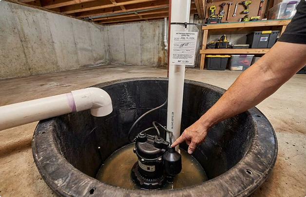 Veteran Air Technician Checking Sump Pump In Sarasota Home Basement