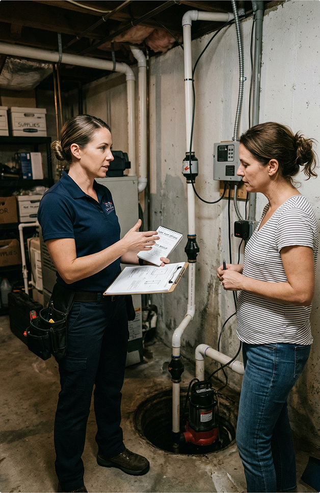 Veteran Air Technician Explaining Sump Pump Report To Sarasota Homeowner