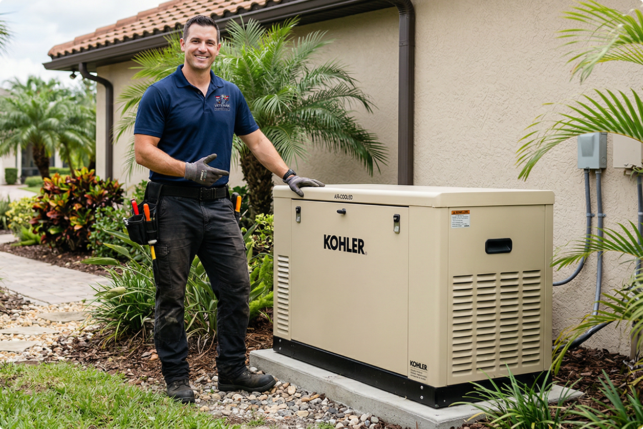 Veteran Air Technician Standing Next To Kohler Generator At Sarasota Florida
