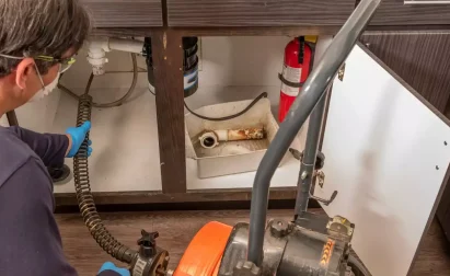 A person uses a plumbing snake to unclog a pipe under a kitchen sink. A fire extinguisher and a cleaning product are visible inside the open cabinet.