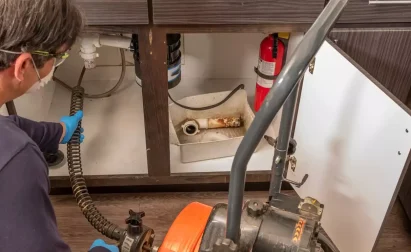 A person uses a plumbing snake to unclog a pipe under a kitchen sink. A fire extinguisher and a cleaning product are visible inside the open cabinet.