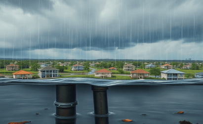 Rain pours over suburban houses as water collects on a flat rooftop with leaves and two drain pipes visible in the foreground.