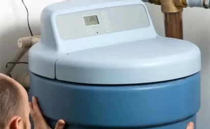 A person meticulously inspects a large blue water softener with a digital display, surrounded by intricate plumbing pipes, ensuring flawless water softener installation.