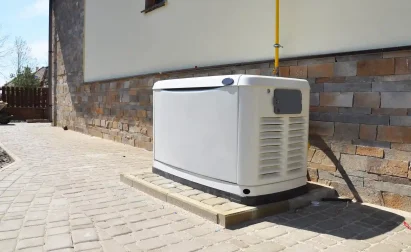 A white power generator is installed outside a building on a paved area, adjacent to a brick wall.
