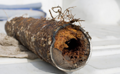 Close-up of a heavily corroded metal pipe with a large hole, resting on a surface, exposing rust and decay.