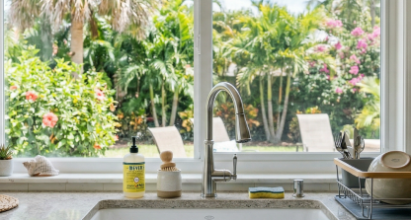 Farmhouse Kitchen Sink With Tropical Garden View In Sarasota Florida Home